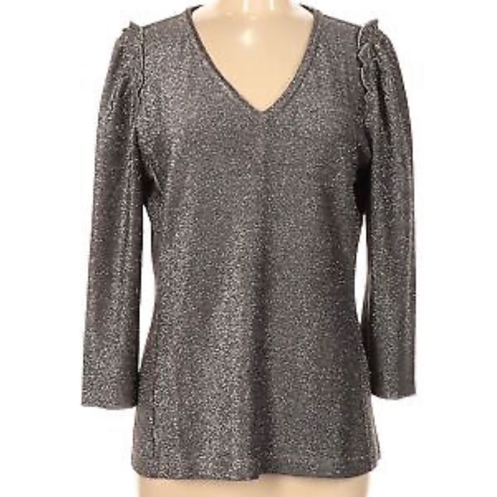 Ann Taylor Women Gray 3/4 ruffle shirred sleeve top